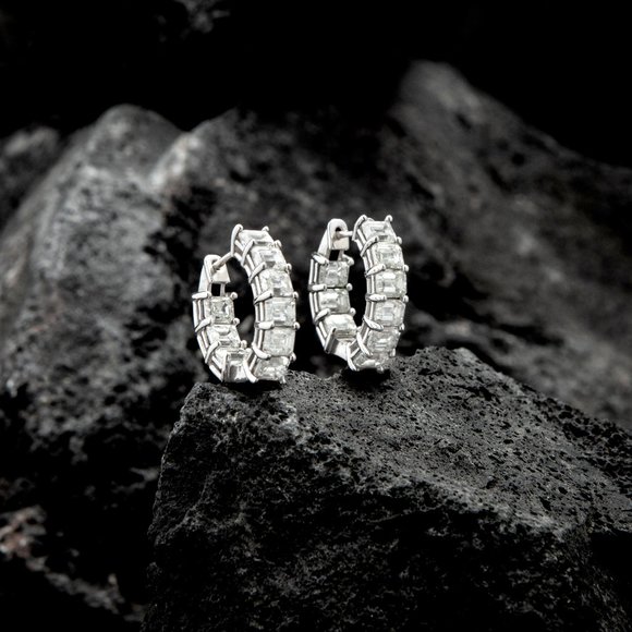 Baguette Diamond Inside Out 14K (or 18k upon request) Yellow Gold Hoop Earrings - Picture 1 of 7